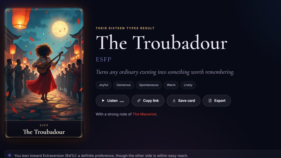 Know Thyself: a Sixteen Types result, The Troubadour, with its painted card