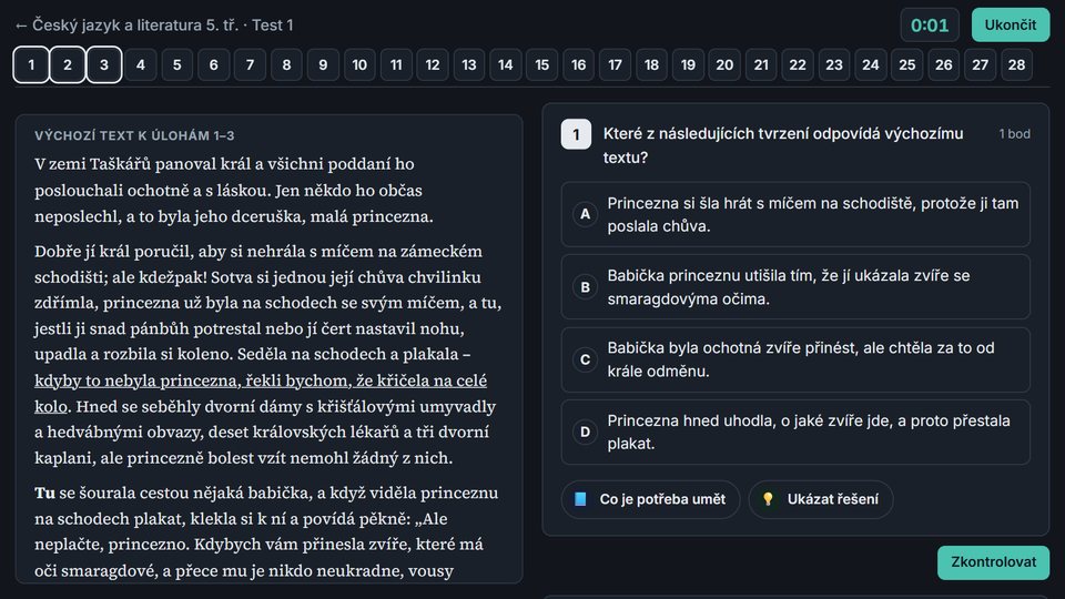 P&rcaron;ij&iacute;ma&ccaron;ky zadarmo: a Czech test, the literary text beside its questions
