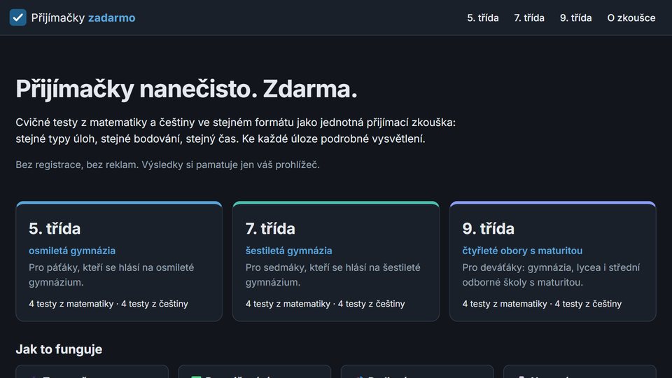 P&rcaron;ij&iacute;ma&ccaron;ky zadarmo: the home page with the three grades