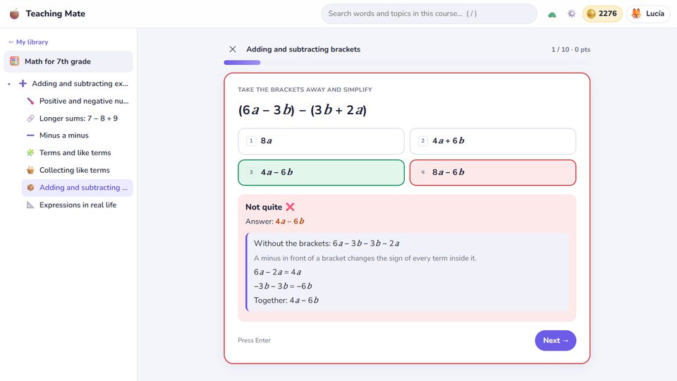 Teaching Mate: a math quiz showing the worked steps after a wrong answer