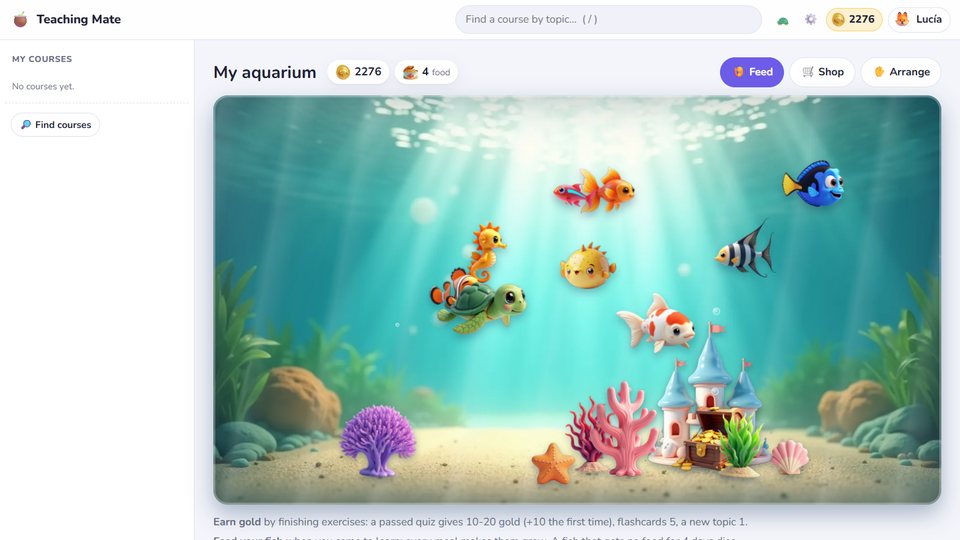 Teaching Mate: a student's aquarium, stocked with gold earned in quizzes